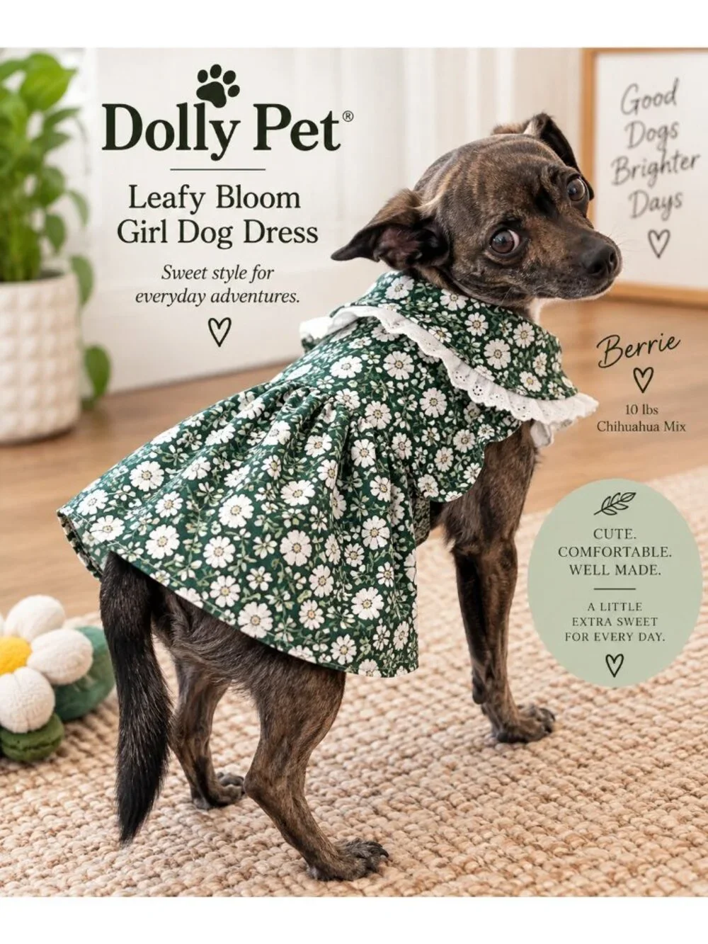 Dolly Pet New York Leafy Bloom Dog Dress Green Floral Lace NWT 13.25 in Est S/M